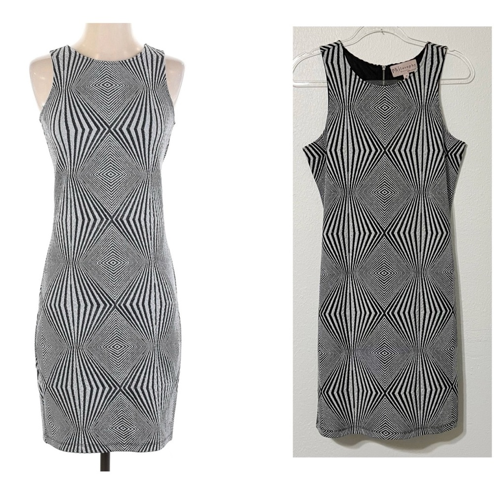 Philosophy Black and White Optical Illusion Midi Dress 70s Inspired Silver Party